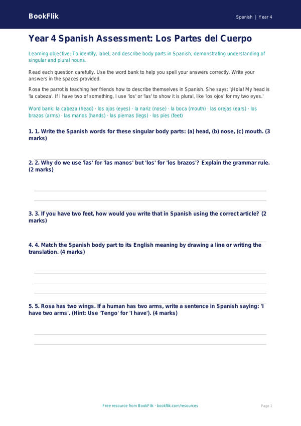 Free Body Parts Assessment | Year 4 | Spanish | BookFlik worksheet preview — Spanish Body Parts