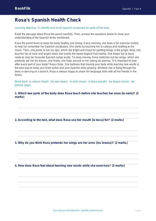 Free Body Parts Comprehension | Year 4 | Spanish | BookFlik worksheet preview — Spanish Body Parts