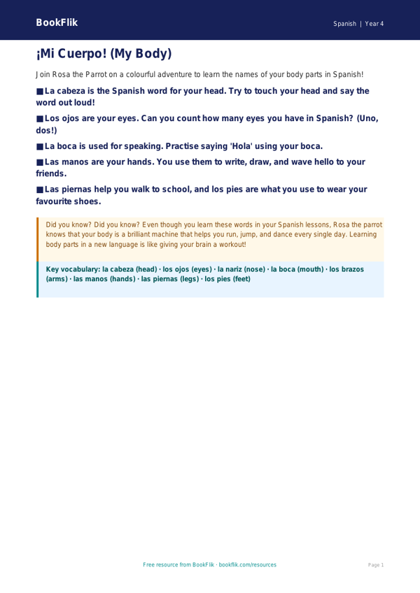 Free Body Parts Poster | Year 4 | Spanish | BookFlik worksheet preview — Spanish Body Parts