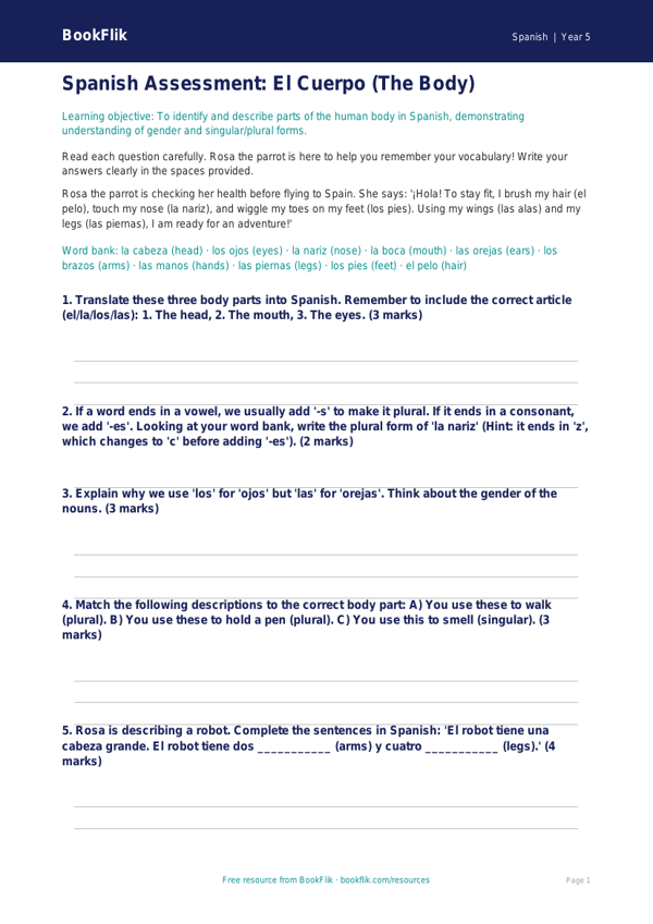Spanish Body Parts Assessment | Year 5 Australian Curriculum worksheet preview — Spanish Body Parts