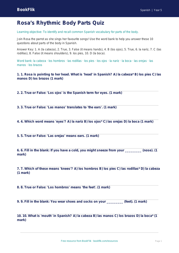 Spanish Body Parts Quiz for Year 5 | Free Australian Curriculum Resource worksheet preview — Spanish Body Parts