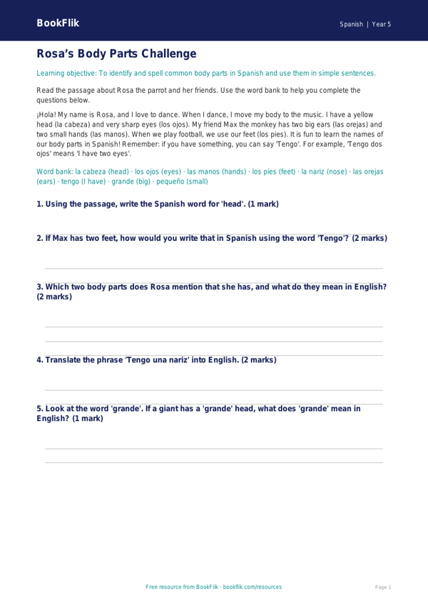 Free Spanish Body Parts Track Sheet | Year 5 | BookFlik worksheet preview — Spanish Body Parts