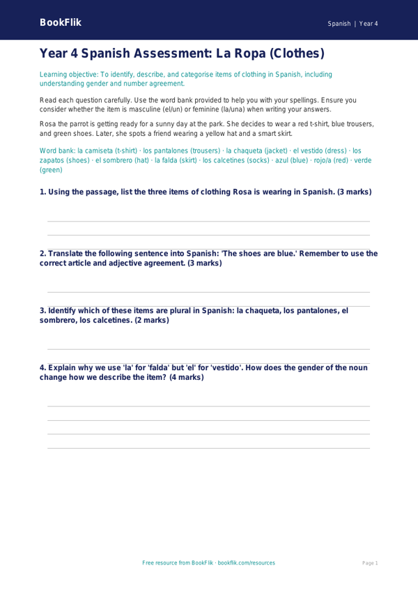 Spanish Clothes Assessment Year 4 | Greater Depth | Australian Curriculum worksheet preview — Spanish Clothes