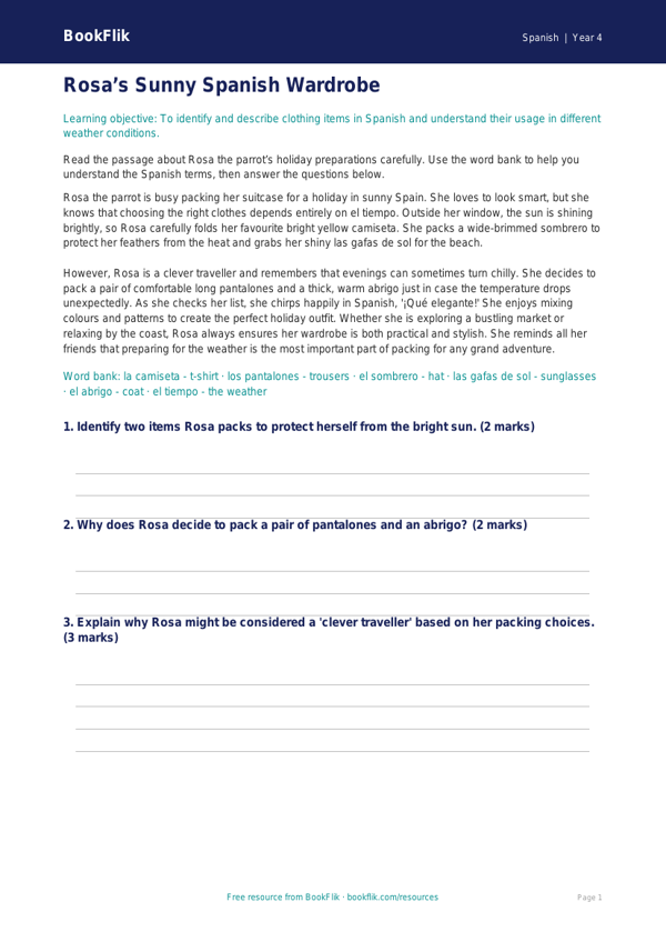 Spanish Clothes Comprehension | Year 4 Australian Curriculum | BookFlik worksheet preview — Spanish Clothes