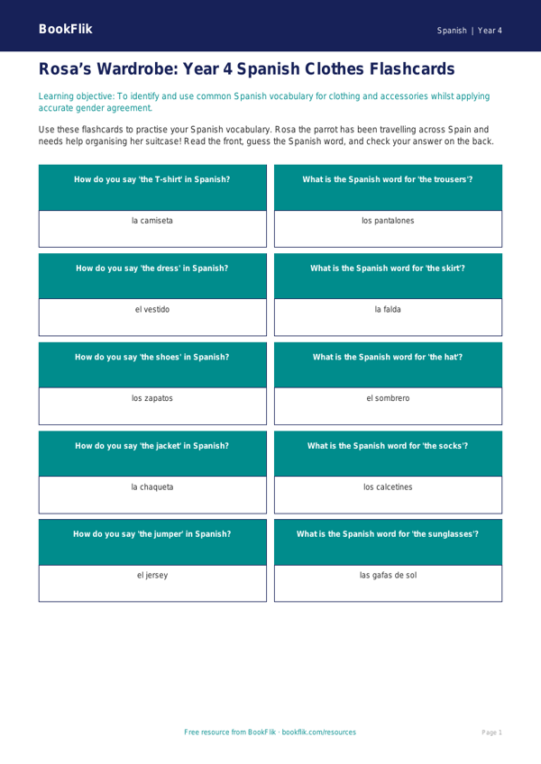 Spanish Clothes Flashcards for Year 4 | Australian Curriculum worksheet preview — Spanish Clothes