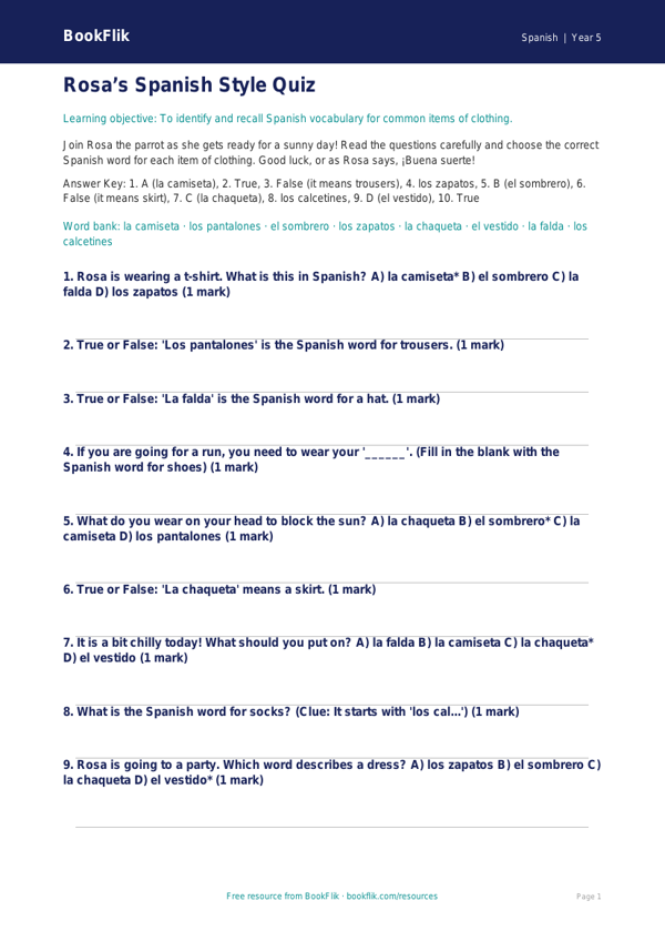 Spanish Clothes Quiz for Year 5 | Australian Curriculum | BookFlik worksheet preview — Spanish Clothes