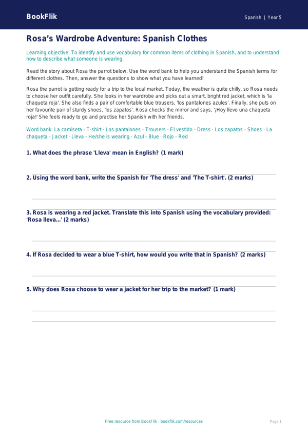 Spanish Clothes Vocabulary Worksheet | Year 5 | Free Resource worksheet preview — Spanish Clothes