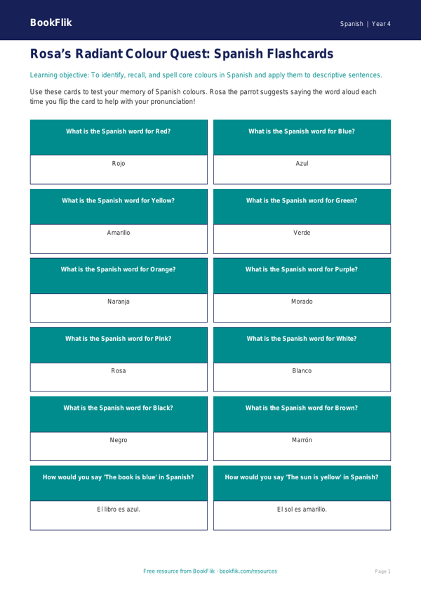 Spanish Colours Flashcards for Year 4 | BookFlik Resources worksheet preview — Spanish Colours