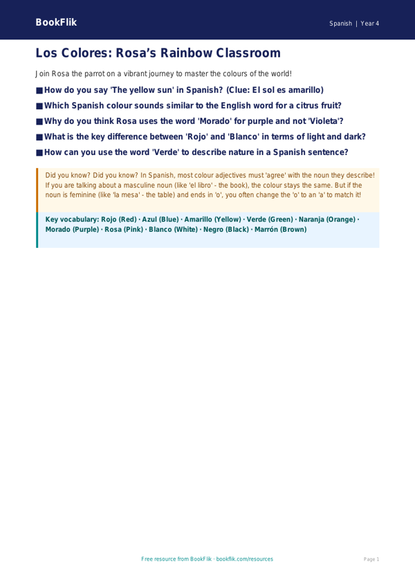 Colours in Spanish Poster | Year 4 Spanish Resources | BookFlik worksheet preview — Spanish Colours