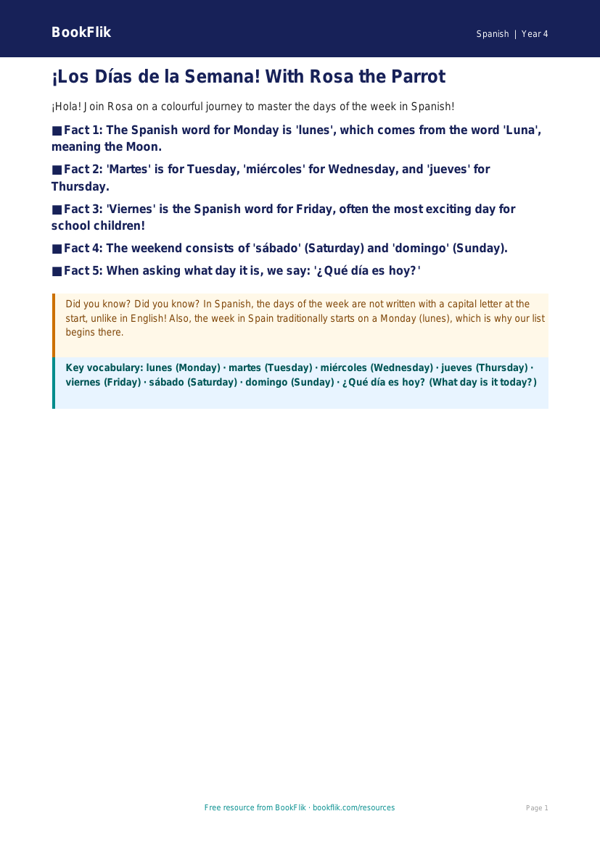 Free Days Of The Week Poster | Year 4 | Spanish | BookFlik worksheet preview — Spanish Days Of The Week