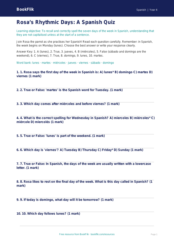 Free Days Of The Week Quiz | Year 4 | Spanish | BookFlik worksheet preview — Spanish Days Of The Week
