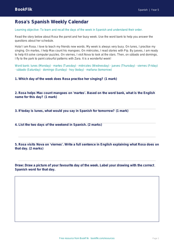 Free Days Of The Week Track Sheet | Year 5 Spanish | BookFlik worksheet preview — Spanish Days Of The Week