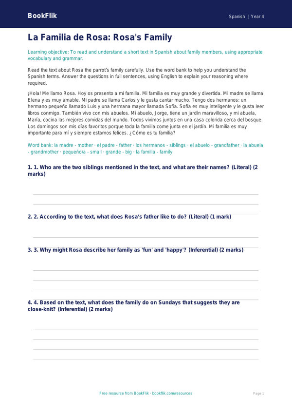 Free Family Comprehension | Year 4 | Spanish | BookFlik worksheet preview — Spanish Family