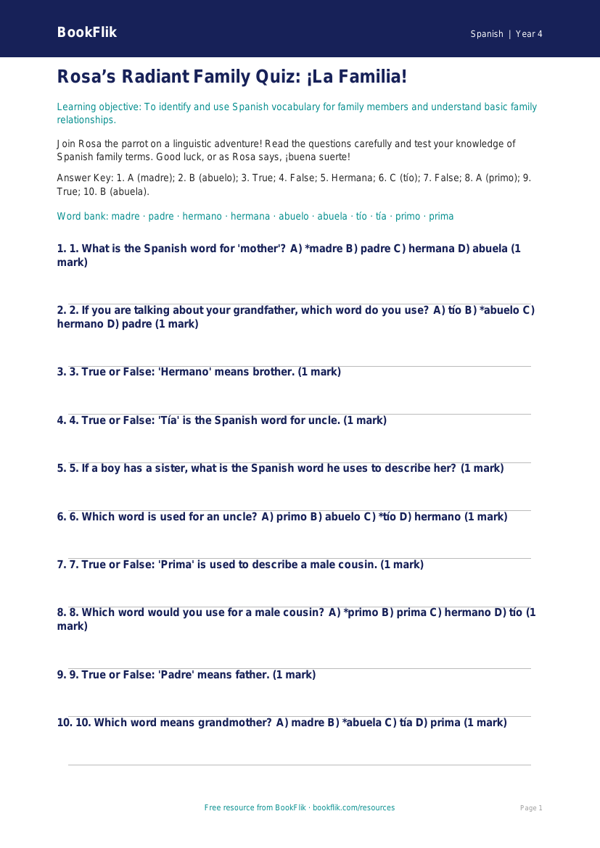 Family Quiz Year 4 Spanish | Free Australian Curriculum Resource worksheet preview — Spanish Family