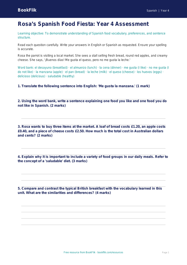 Spanish Food Assessment Year 4 | Greater Depth | BookFlik worksheet preview — Spanish Food
