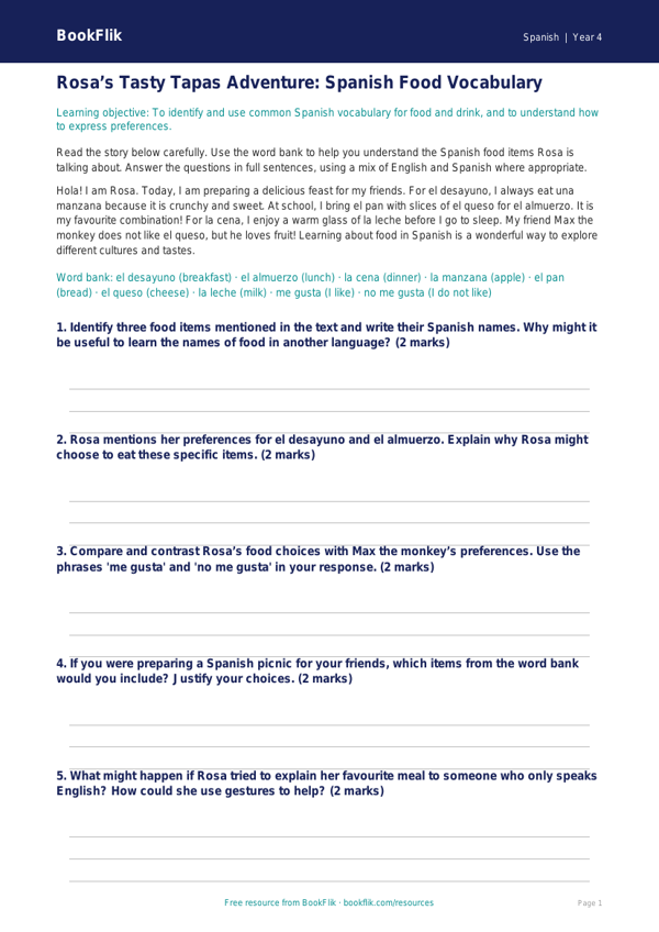 Year 4 Spanish Food Track Sheet | Australian Curriculum Resources worksheet preview — Spanish Food