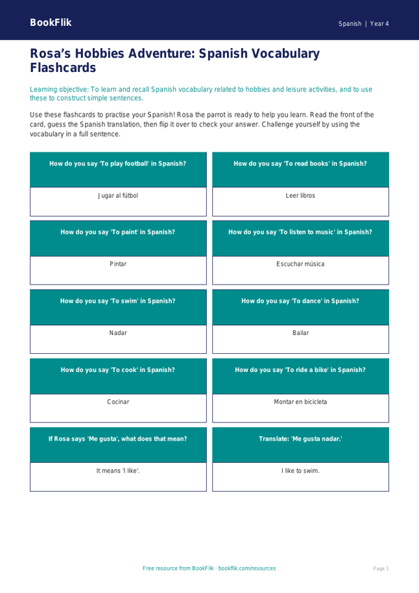Free Hobbies Flashcards | Year 4 | Spanish | BookFlik worksheet preview — Spanish Hobbies