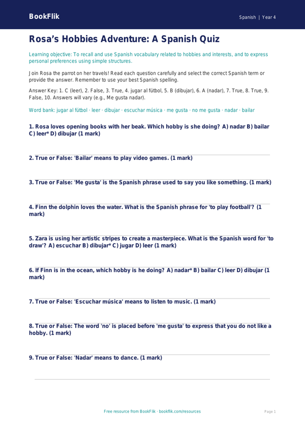Year 4 Spanish Hobbies Quiz | Greater Depth | Australian Curriculum worksheet preview — Spanish Hobbies