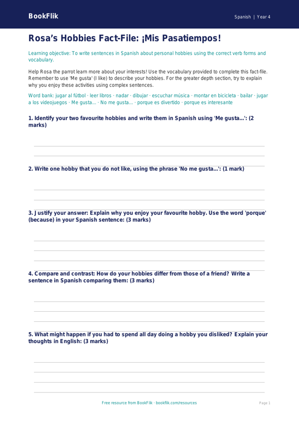 Spanish Hobbies Template | Year 4 Australian Curriculum | BookFlik worksheet preview — Spanish Hobbies