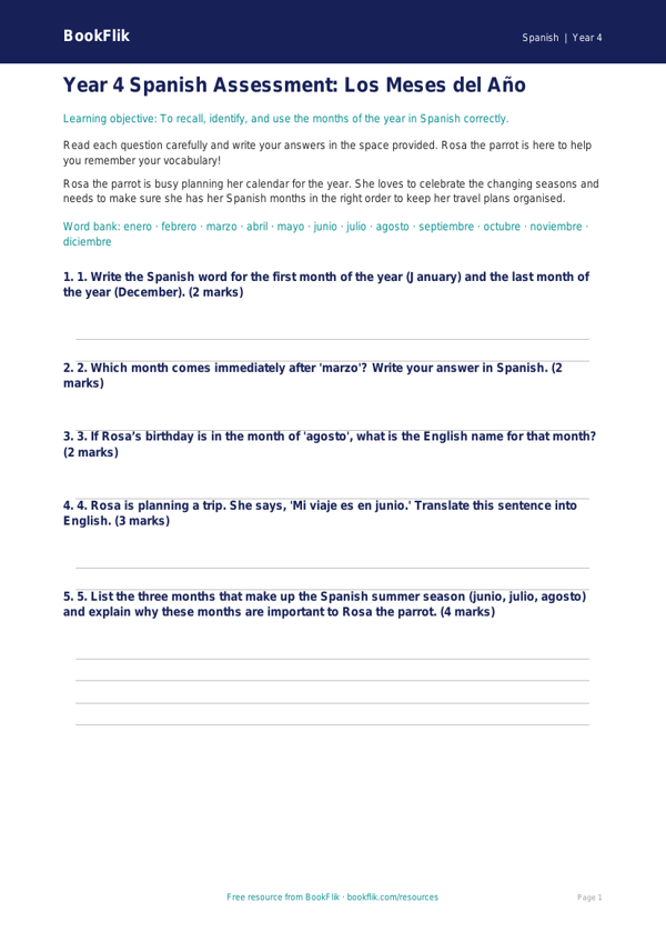 Free Months Of The Year Assessment | Year 4 | Spanish | BookFlik worksheet preview — Spanish Months Of The Year