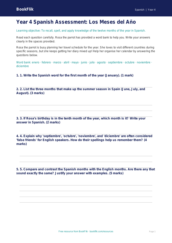 Free Months Of The Year Assessment | Year 4 | Spanish | BookFlik worksheet preview — Spanish Months Of The Year