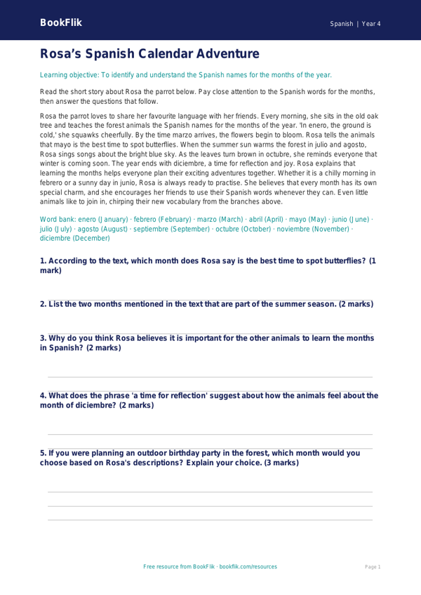 Free Months of the Year Comprehension | Year 4 | Spanish | BookFlik worksheet preview — Spanish Months Of The Year