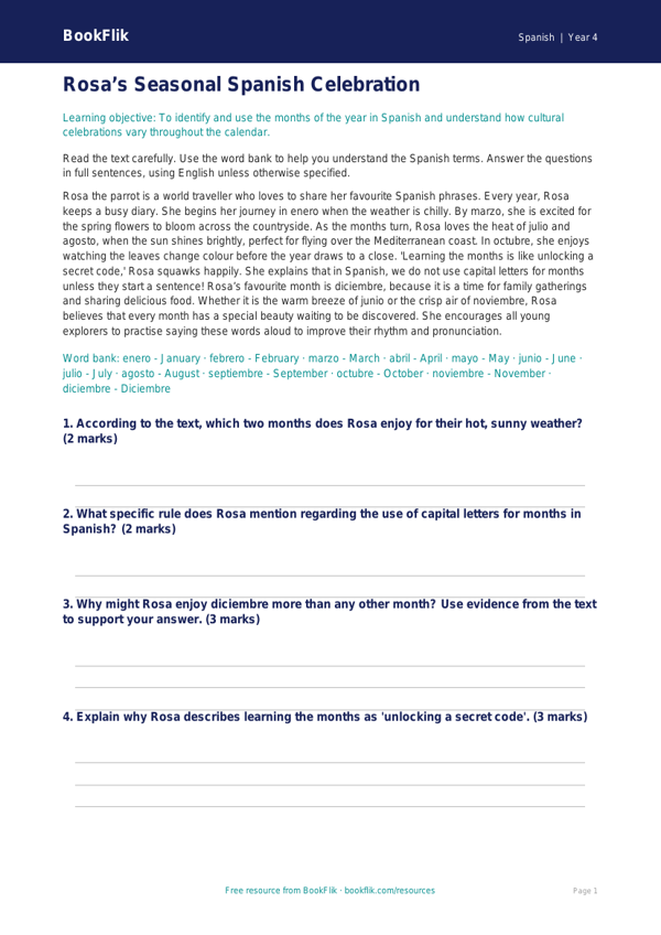 Free Months Of The Year Comprehension | Year 4 | Spanish | BookFlik worksheet preview — Spanish Months Of The Year