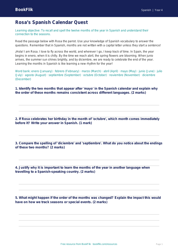 Free Months Of The Year Track Sheet | Year 4 | Spanish | BookFlik worksheet preview — Spanish Months Of The Year