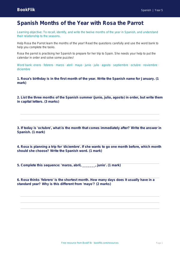 Free Months of the Year Worksheet | Year 5 Spanish | BookFlik worksheet preview — Spanish Months Of The Year