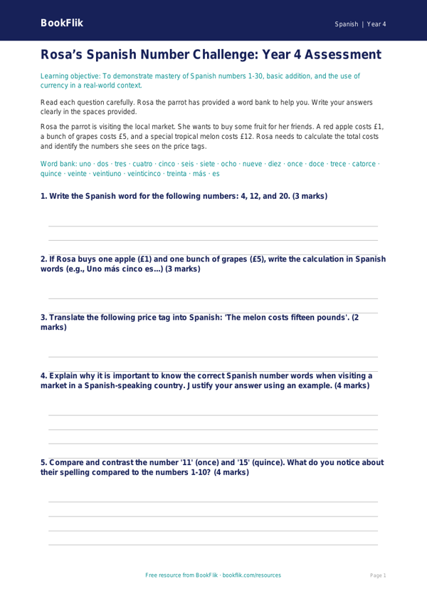 Spanish Numbers Assessment | Year 4 Maths & Language | BookFlik worksheet preview — Spanish Numbers