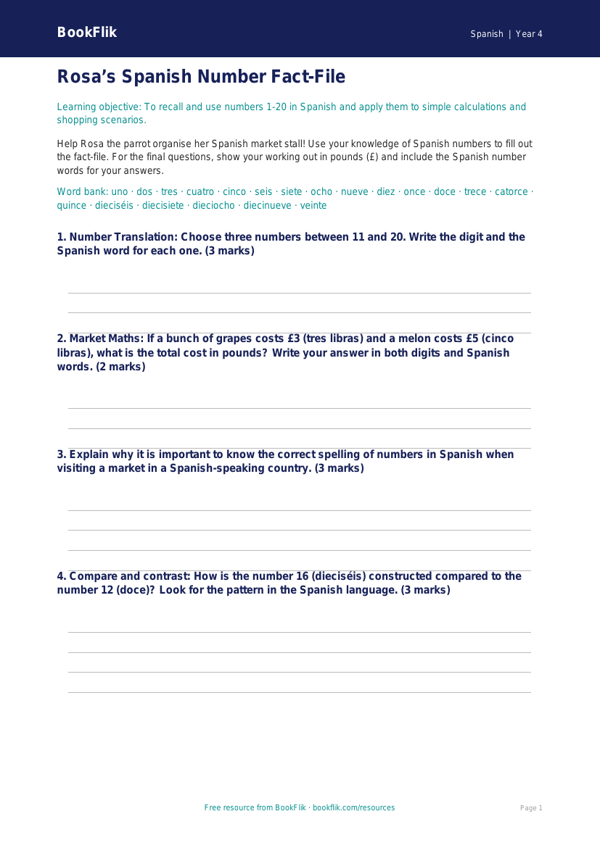 Spanish Numbers Template for Year 4 | Free Australian Curriculum Resource worksheet preview — Spanish Numbers