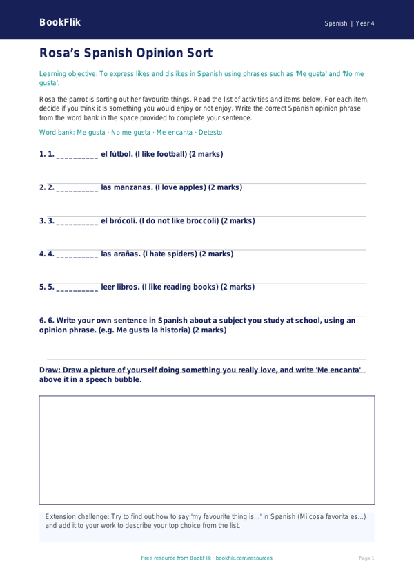 Free Opinion Phrases Activity Sheet | Year 4 | Spanish | BookFlik worksheet preview — Spanish Opinion Phrases