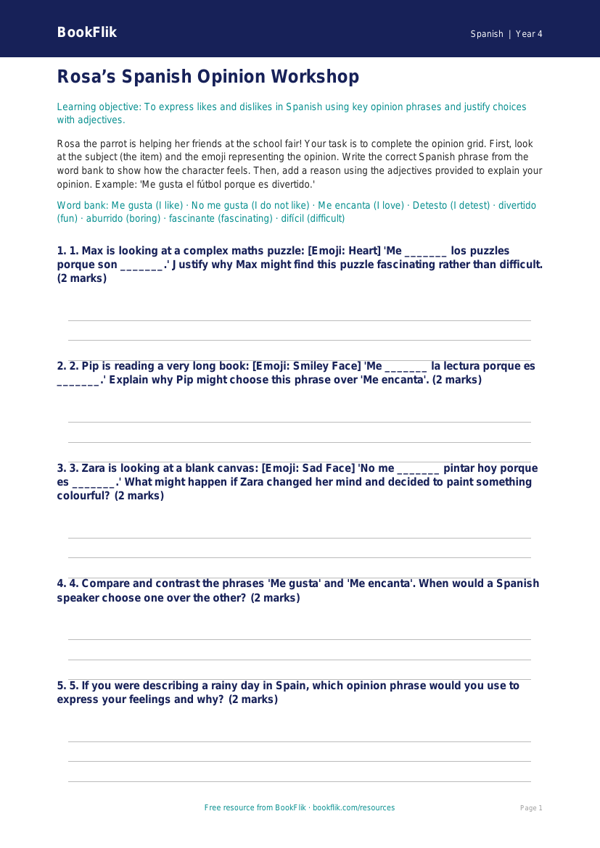 Free Opinion Phrases Activity Sheet | Year 4 | Spanish | BookFlik worksheet preview — Spanish Opinion Phrases