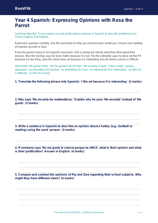 Opinion Phrases Spanish Assessment | Year 4 | Australian Curriculum worksheet preview — Spanish Opinion Phrases