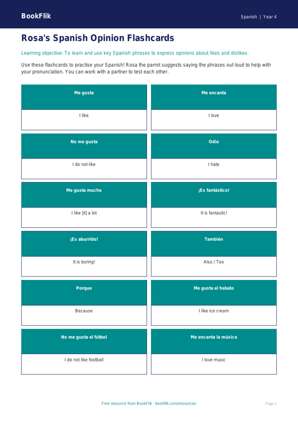 Free Opinion Phrases Flashcards | Year 4 | Spanish | BookFlik worksheet preview — Spanish Opinion Phrases