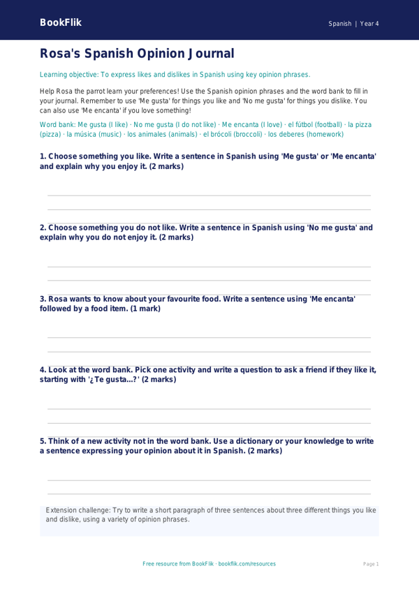 Free Opinion Phrases Template | Year 4 | Spanish | BookFlik worksheet preview — Spanish Opinion Phrases