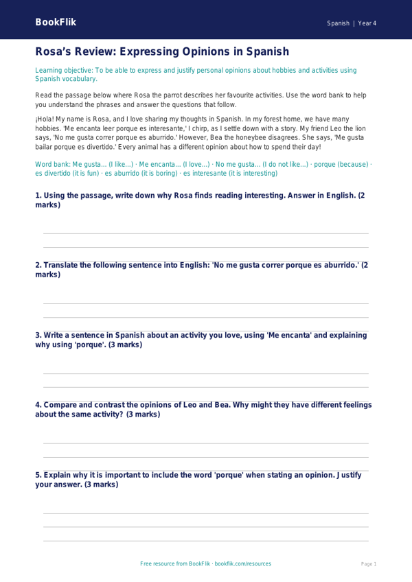 Free Opinion Phrases Track Sheet | Year 4 | Spanish | BookFlik worksheet preview — Spanish Opinion Phrases