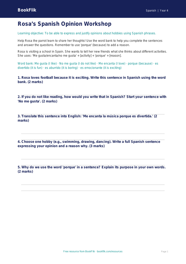 Spanish opinion phrases worksheet year 4 core worksheet preview — Spanish Opinion Phrases