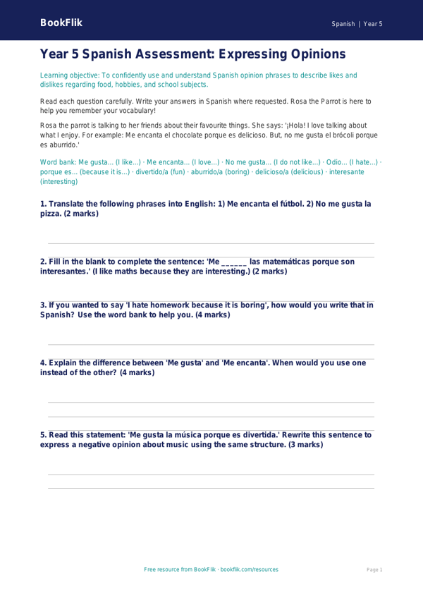 Free Opinion Phrases Assessment | Year 5 | Spanish | BookFlik worksheet preview — Spanish Opinion Phrases