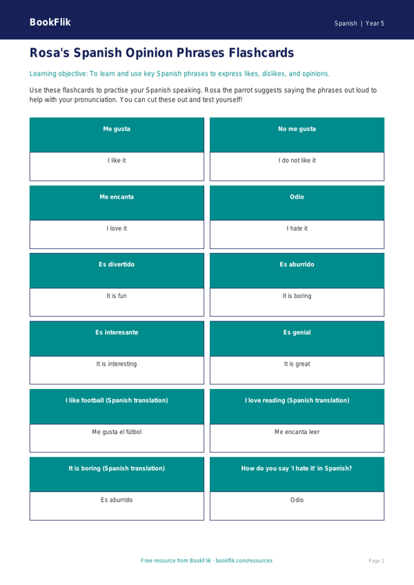 Free Opinion Phrases Flashcards | Year 5 | Spanish | BookFlik worksheet preview — Spanish Opinion Phrases