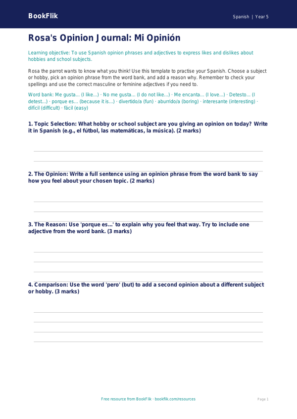 Free Opinion Phrases Template | Year 5 | Spanish | BookFlik worksheet preview — Spanish Opinion Phrases