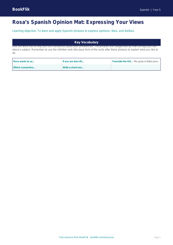Free Opinion Phrases Word Mat | Year 5 | Spanish | BookFlik worksheet preview — Spanish Opinion Phrases