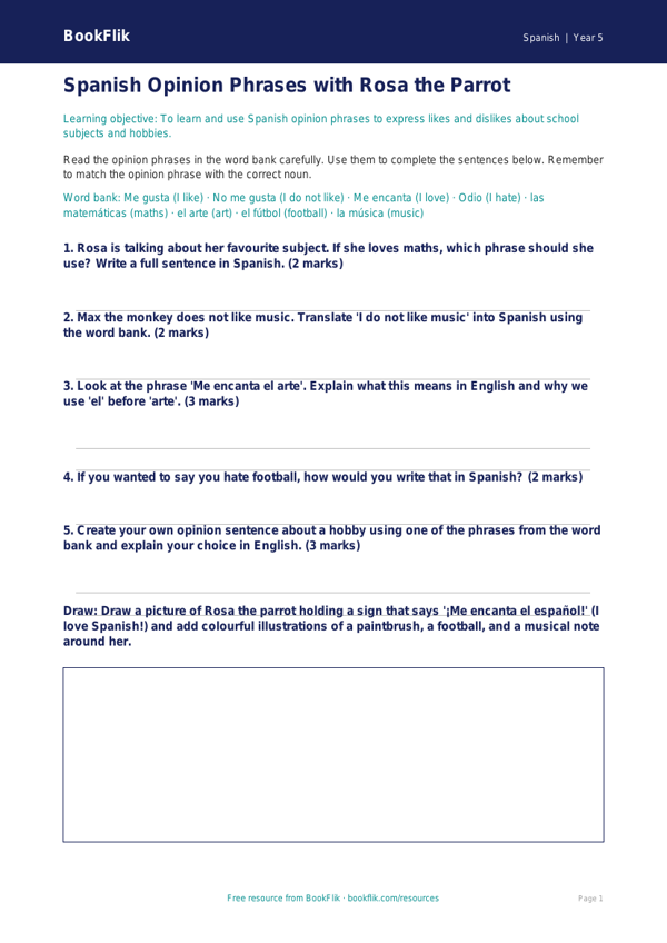 Free Opinion Phrases Worksheet | Year 5 | Spanish | BookFlik worksheet preview — Spanish Opinion Phrases