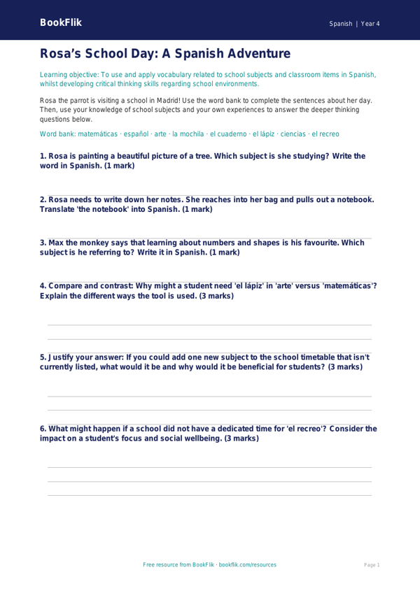 Free School Activity Sheet | Year 4 | Spanish | BookFlik worksheet preview — Spanish School