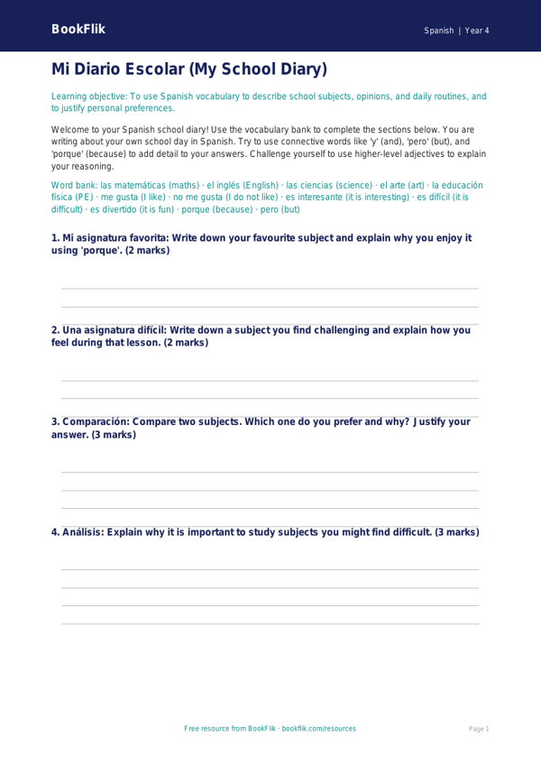 Year 4 Spanish School Vocabulary | Australian Curriculum Resources worksheet preview — Spanish School