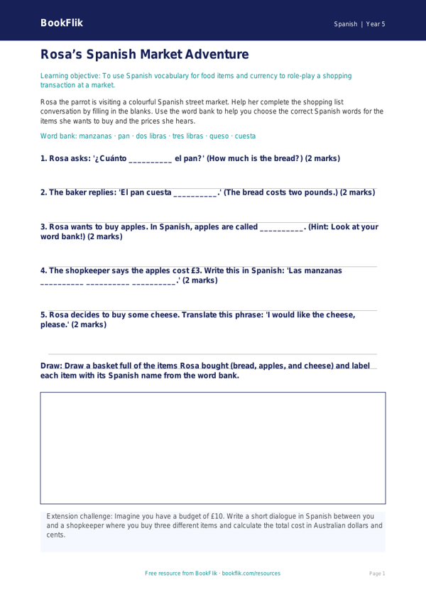 Shopping in Spanish Activity Sheet | Year 5 Maths & Languages | BookFlik worksheet preview — Spanish Shopping