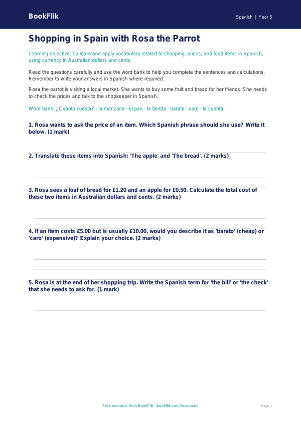 Spanish Shopping Worksheet for Year 5 Students | BookFlik worksheet preview — Spanish Shopping