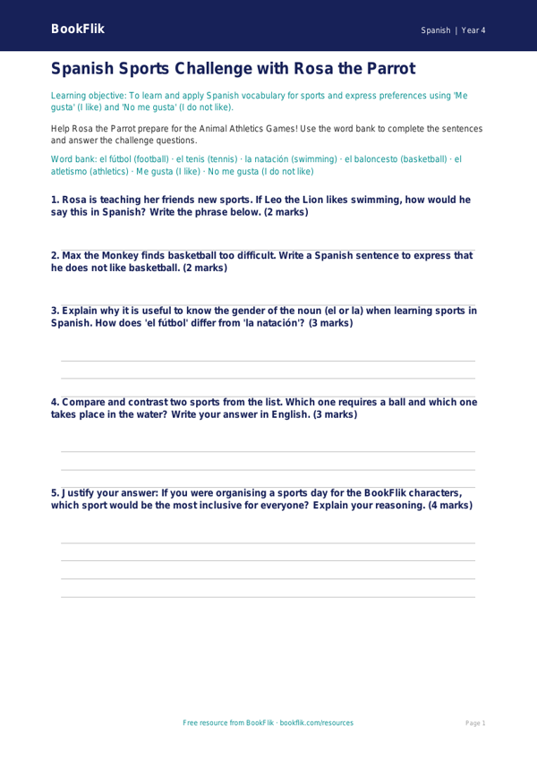 Spanish Sports Worksheet Year 4 | Free Australian Curriculum Resources worksheet preview — Spanish Sports