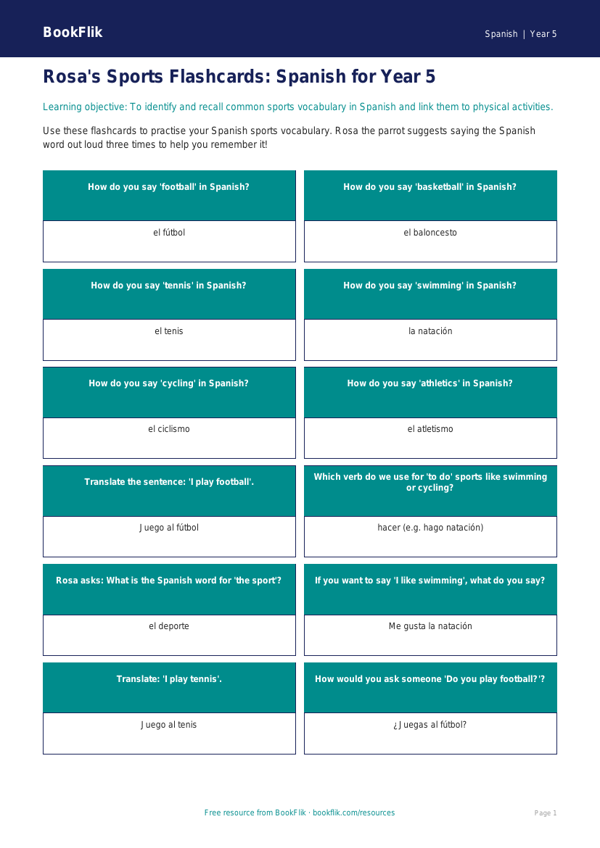 Spanish Sports Flashcards for Year 5 | Australian Curriculum worksheet preview — Spanish Sports