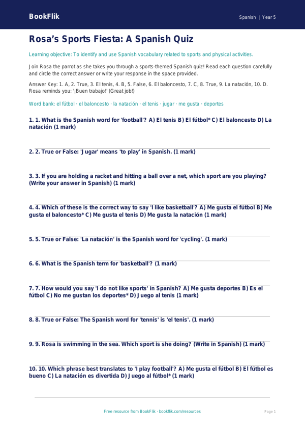 Spanish Sports Quiz for Year 5 Students | BookFlik Australia worksheet preview — Spanish Sports